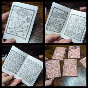 Hand Stamped Mini Colouring Book |Collage of pages and stamp blocks |Stevie's Safe Space